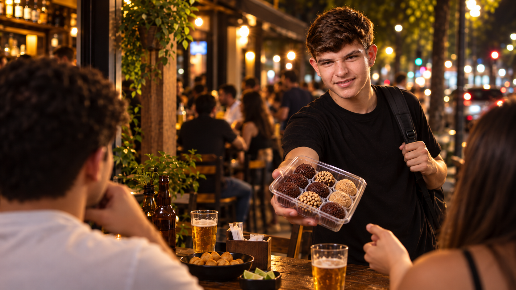 Jovem vendendo caixa de brigadeiros a clientes numa esplanada à noite